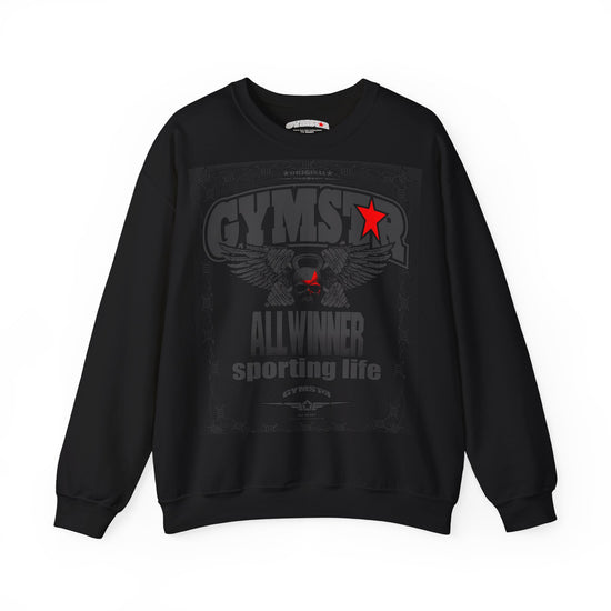 Black GYMSTAR sweatshirt with graphic design on a white background