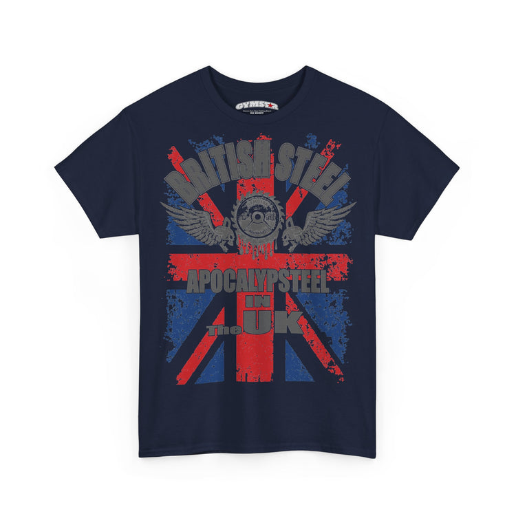 A navy blue short-sleeve t-shirt with a distressed graphic on the front featuring a Union Jack flag, wings, an astronaut helmet, and the text 'BRITISH STEEL' and 'APOCALYPSE STEEL THE UK'.
