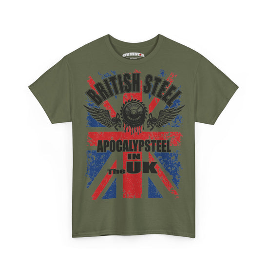 An olive green short-sleeve t-shirt with a distressed Union Jack graphic and gothic text reading 'BRITISH STEEL' and 'APOCALYPSTEEL IN THE UK'. The inner collar label shows the brand 'GYMNOST'.