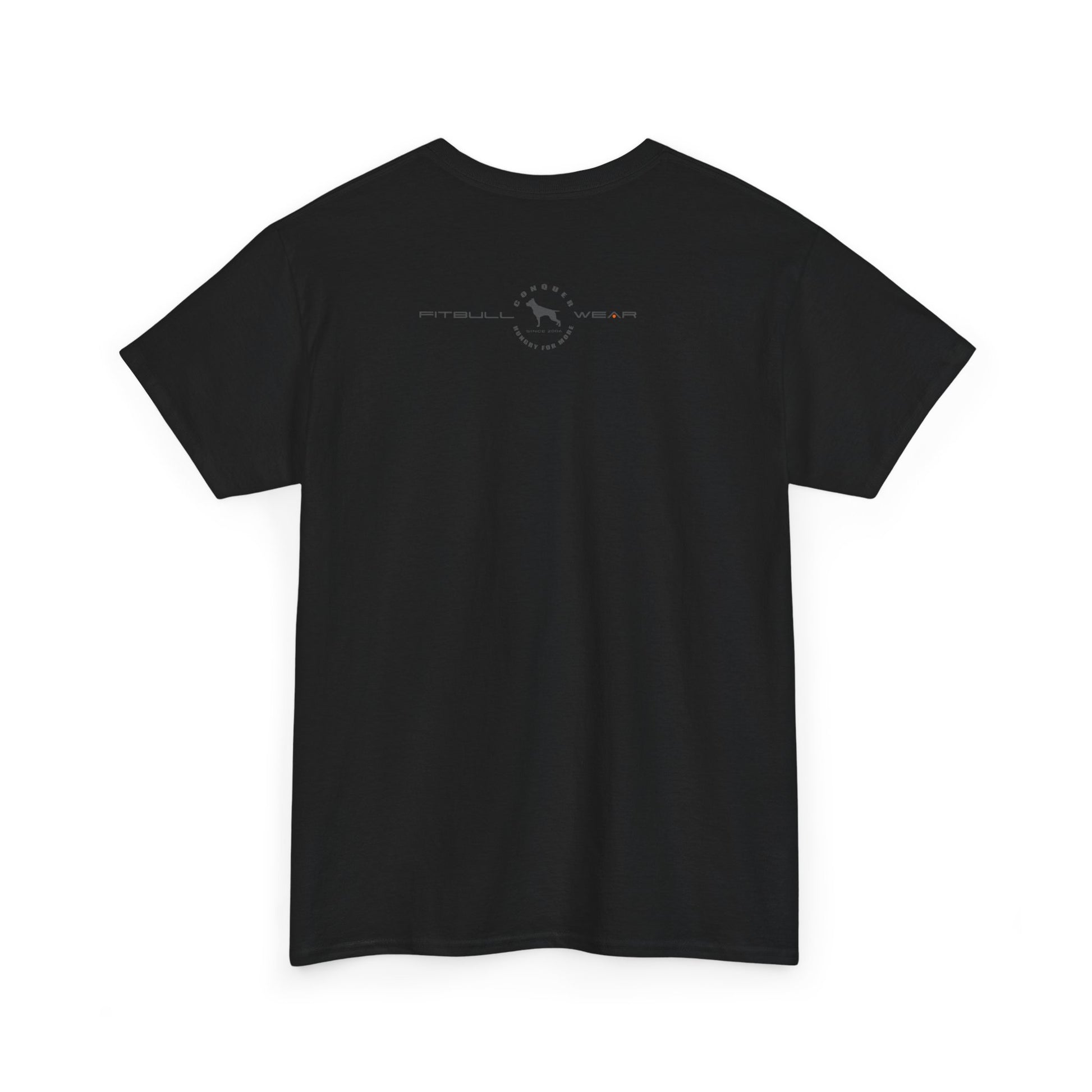Black FITBULL fitness t-shirt with a logo on the back against a white background