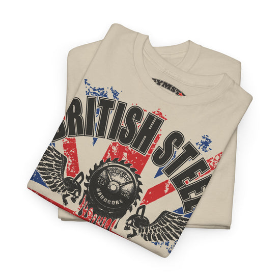 A folded beige t-shirt with a distressed graphic print featuring the words 'BRITISH STEEL' in black over a red, white, and blue Union Jack design with black winged steel symbols, shown on a white background.