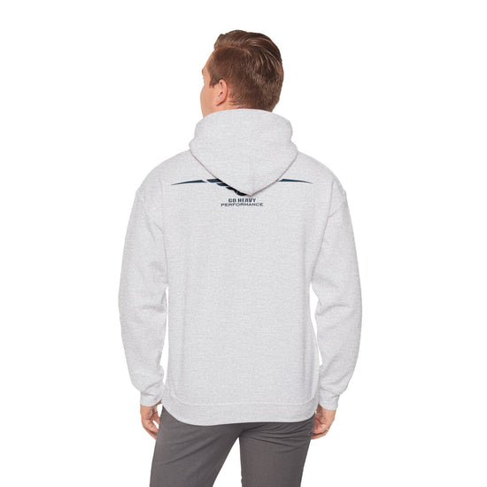 Person wearing a gray hoodie with text on the back against a white background