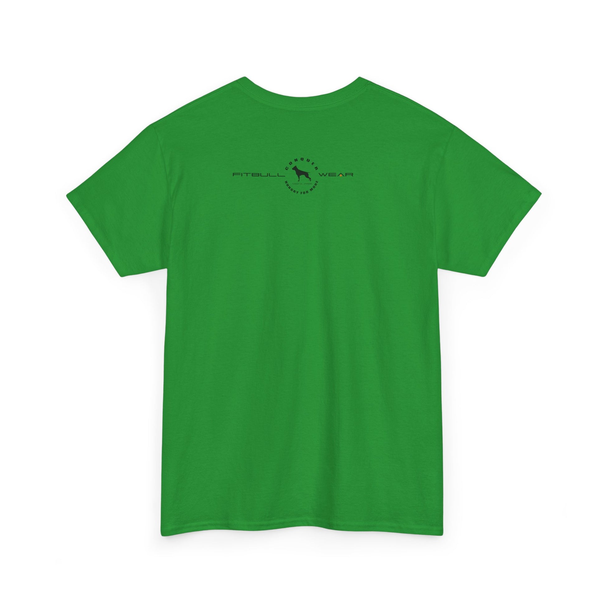 Green fitness FITBULL t-shirt with a logo on the back against a white background