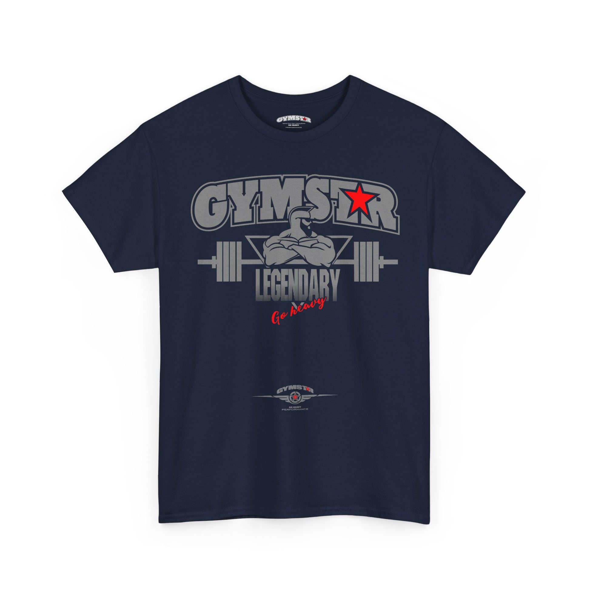 Navy blue t-shirt with 'GYMSTAR LEGENDARY' graphic design on a white background