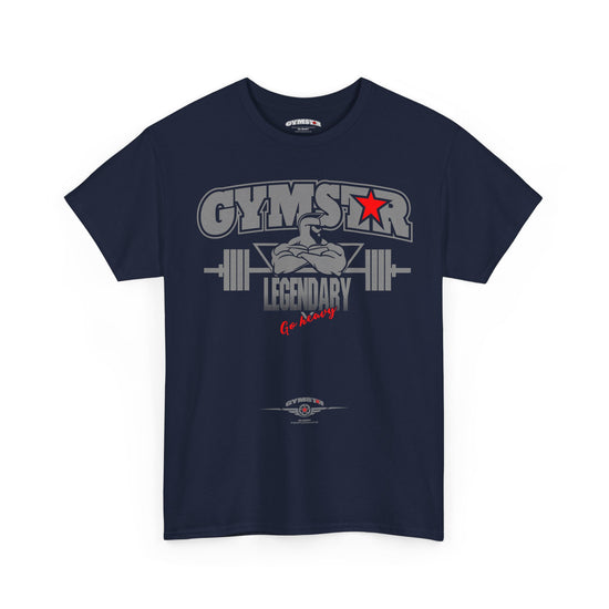 Navy blue t-shirt with 'GYMSTAR LEGENDARY' graphic design on a white background