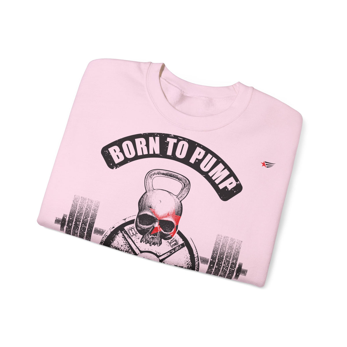 A light pink crewneck sweatshirt with a graphic of a skull lifting a kettlebell and barbell, under a black banner that reads 'BORN TO PUMP'.