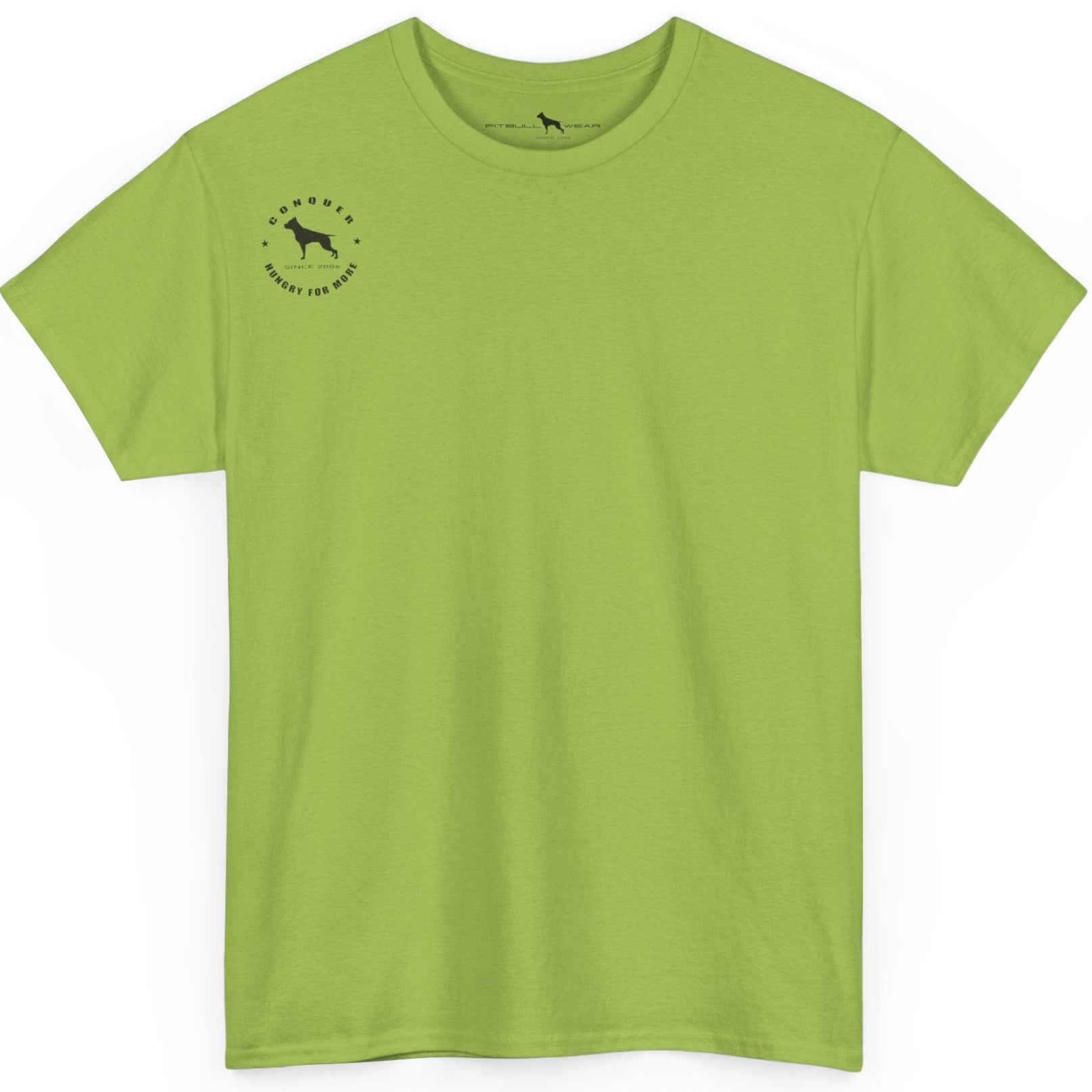 Green t-shirt with a small logo on the chest against a white background
