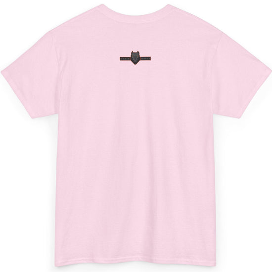 Pink t-shirt with a small black logo on the chest against a white background