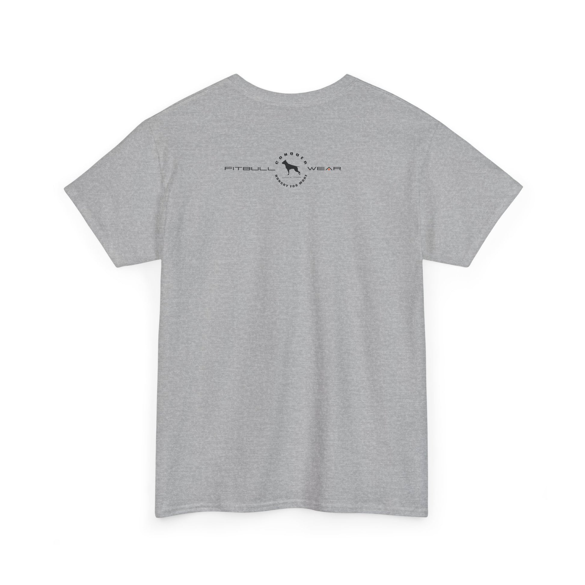Gray FITBULL fitness t-shirt with a logo and text on the back against a white background