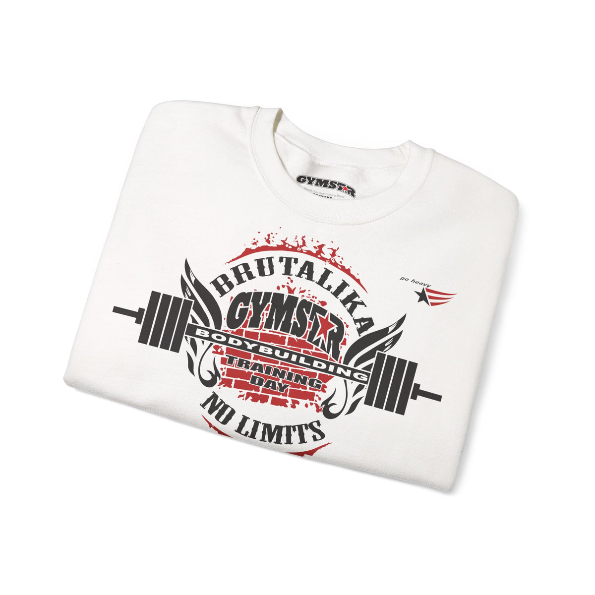 A folded white crewneck t-shirt with a bold graphic print on the front. The design features a barbell with wings, the text 'BRUTALIKA GYMSEX 2024 GYM BUILDING WEEKEND NO LIMITS' in black and red, and a small red star logo on the right chest.
