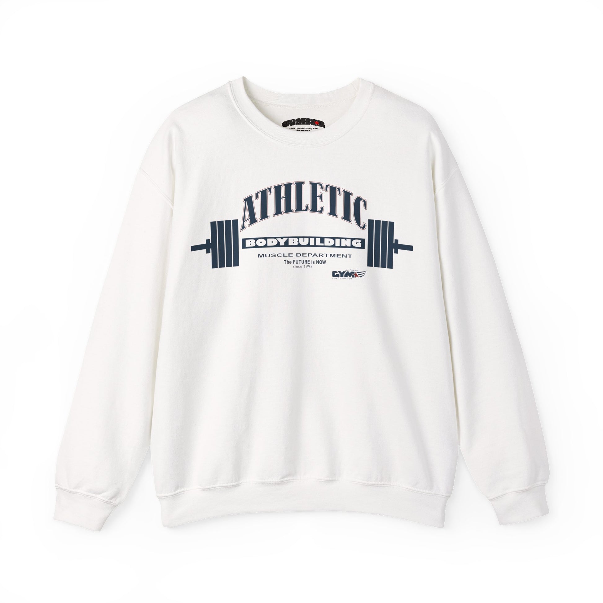 White Gymstar sweatshirt with 'Athletic Bodybuilding' text and barbell graphic on a white background