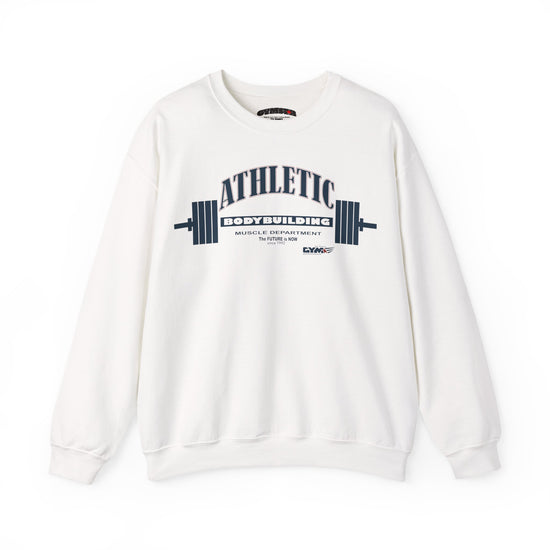 White Gymstar sweatshirt with 'Athletic Bodybuilding' text and barbell graphic on a white background