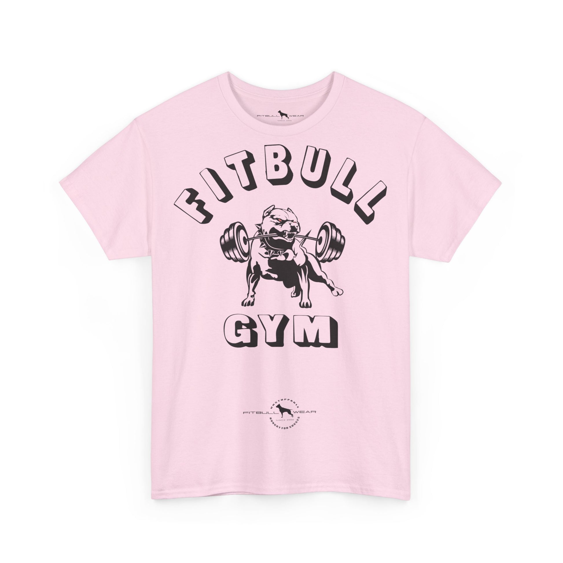 Pink fitness t-shirt with a bulldog lifting weights graphic and 'Fitbull Gym' text on a white background