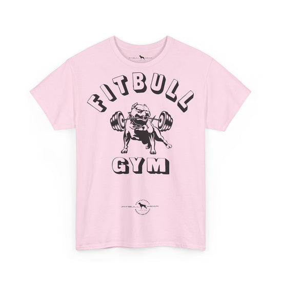 Pink fitness t-shirt with a bulldog lifting weights graphic and 'Fitbull Gym' text on a white background