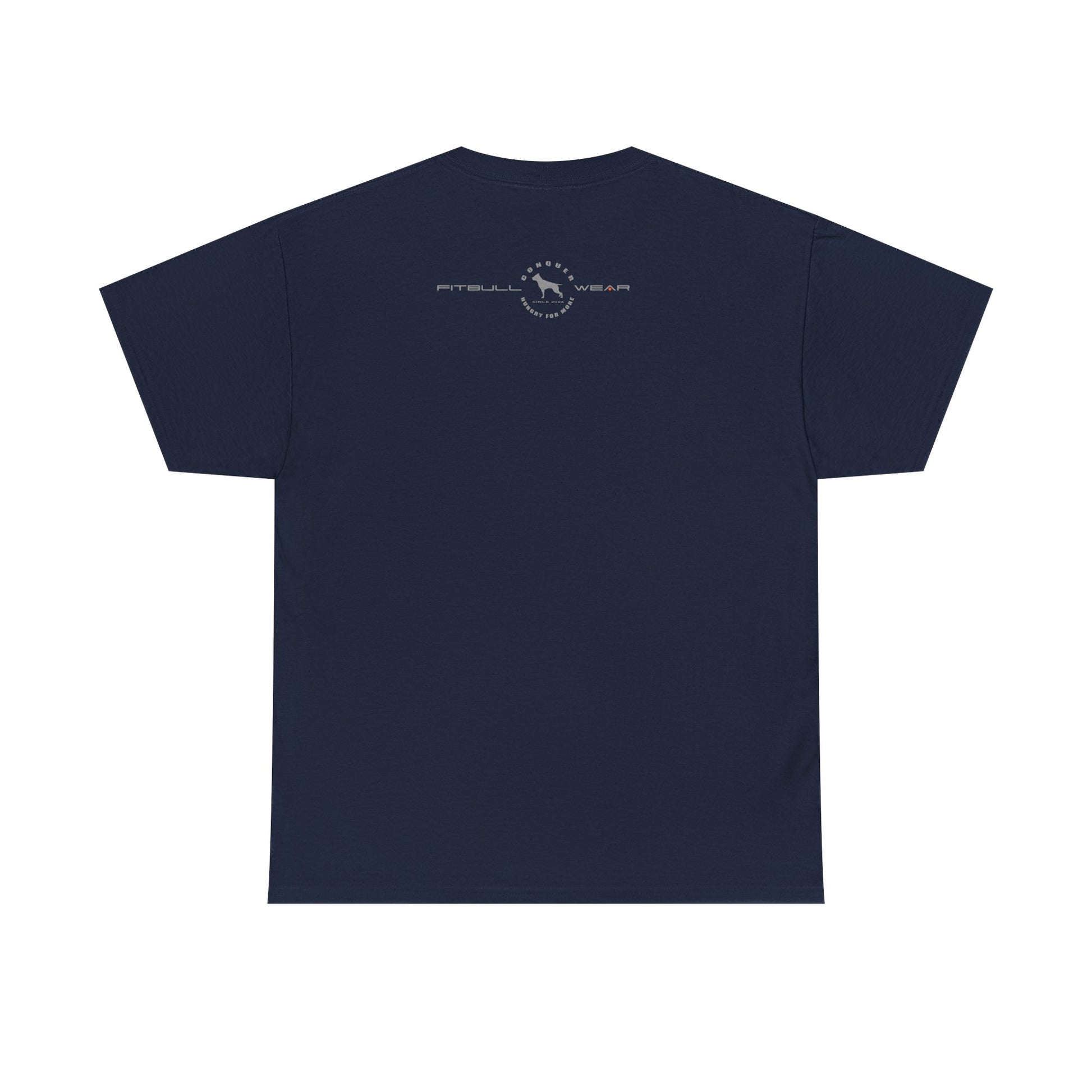 Navy fitness FITBULL blue t-shirt with a logo on the back against a white background