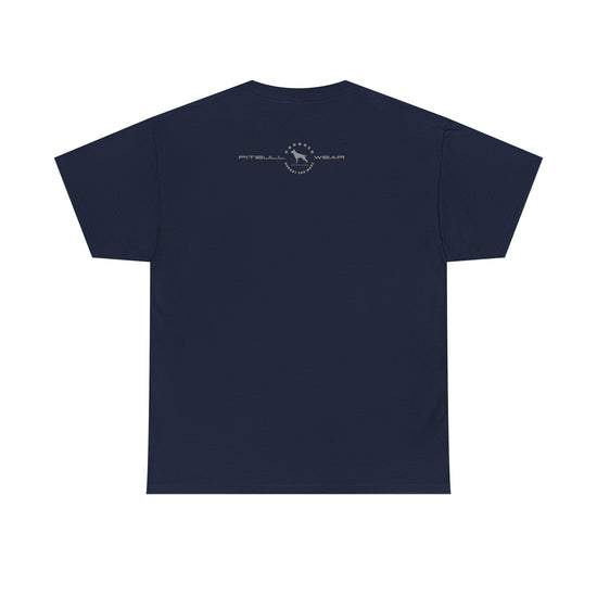 Navy fitness FITBULL blue t-shirt with a logo on the back against a white background