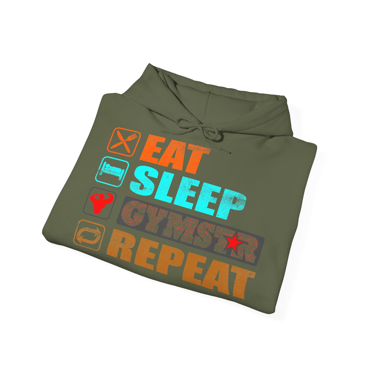 An olive green hoodie folded neatly on a white background, featuring a colorful graphic print that reads 'EAT SLEEP GYMSTAR REPEAT' with various fitness-themed icons.