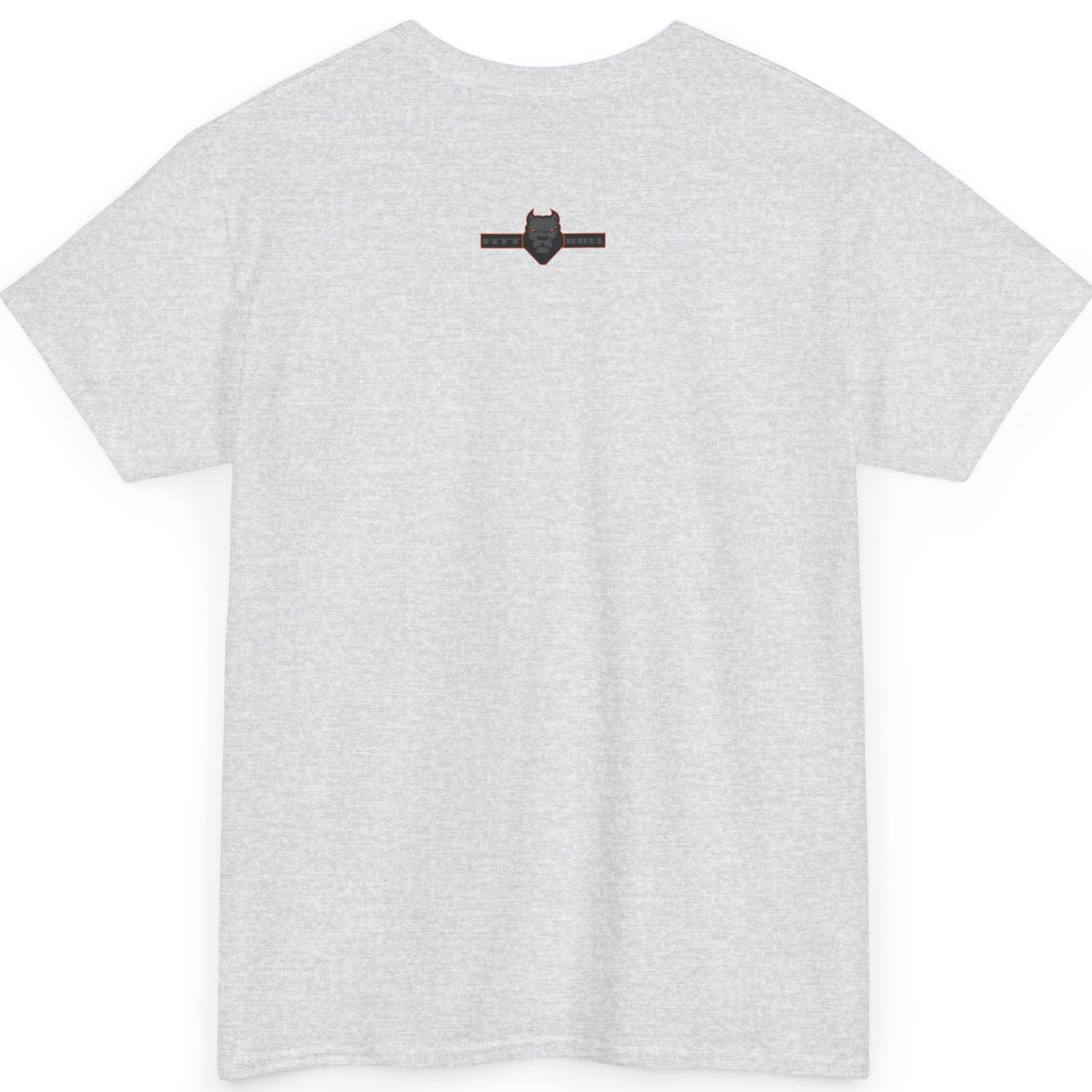 White t-shirt with a small black logo on the back against a white background