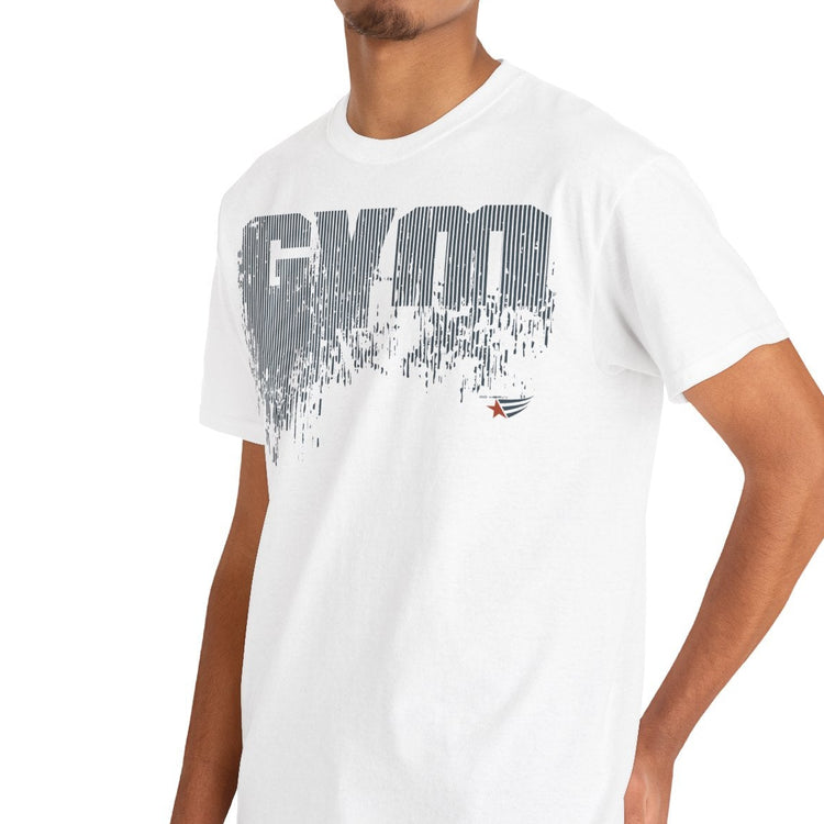 A man wearing a white short-sleeve t-shirt with a distressed gray 'GYM' graphic on the chest, paired with blue jeans, photographed against a solid white background.