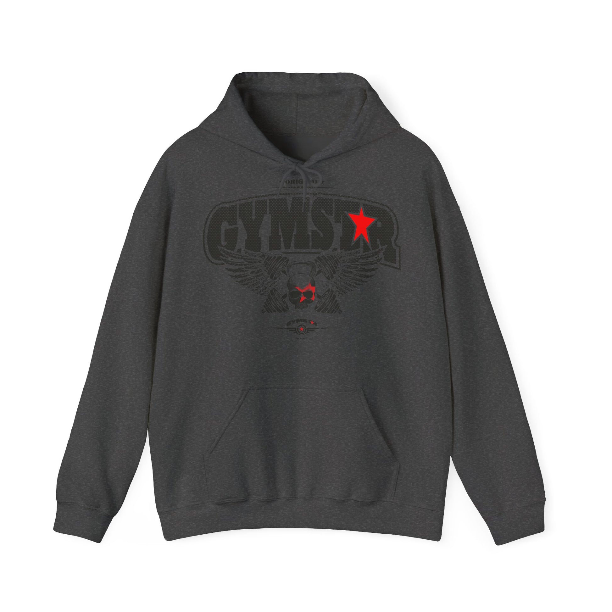 Gray hoodie with a red GYMSTAR logo on a white background