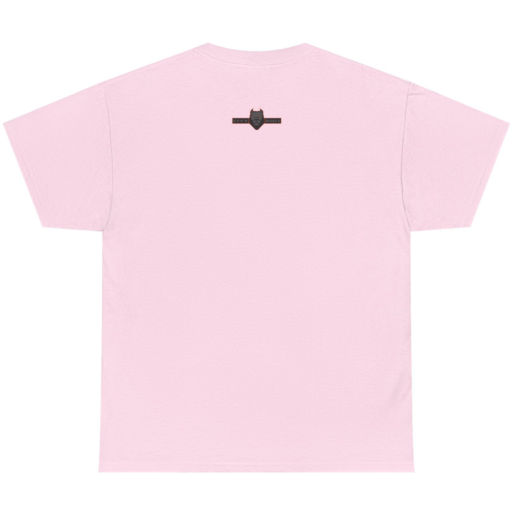 Pink t-shirt with a small black logo on the chest against a white background