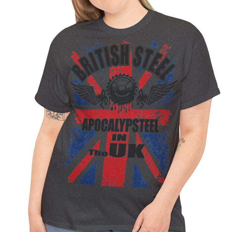 Person wearing a black t-shirt with 'Universe is Wide' graphic design on a white background