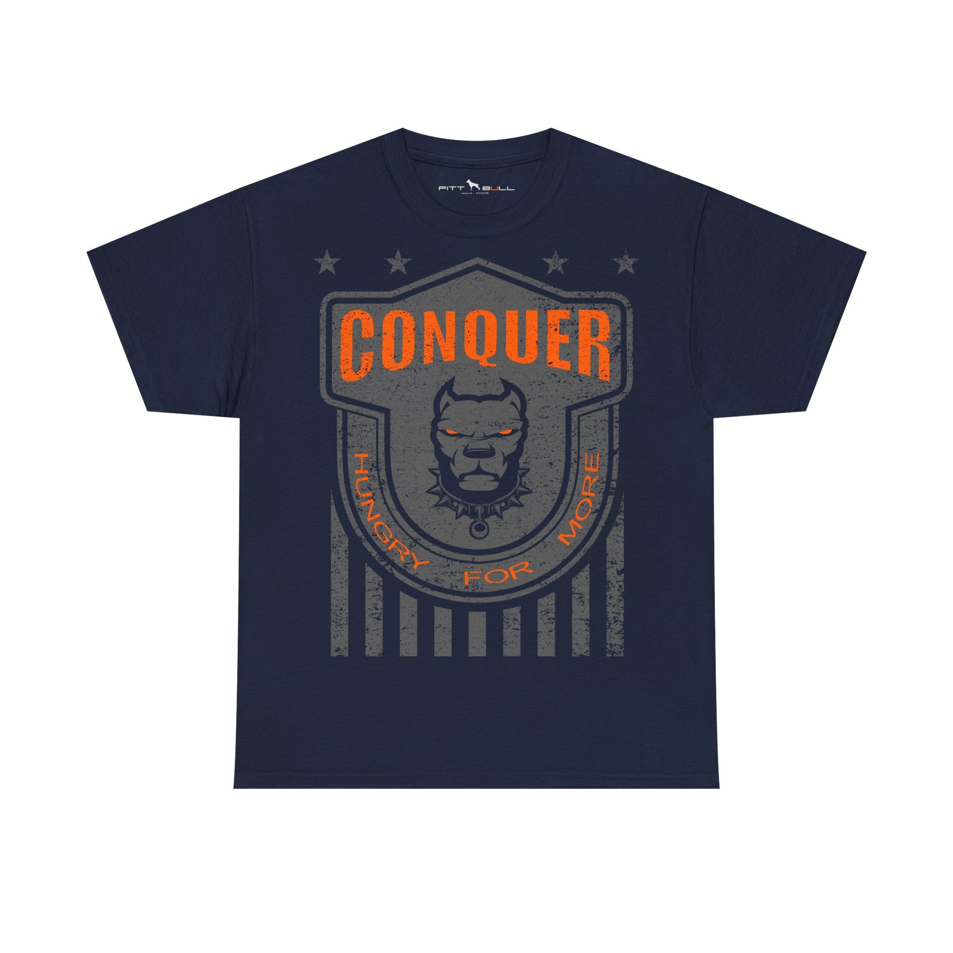 Navy blue Fitbull t-shirt with 'Conquer' graphic design on a white background