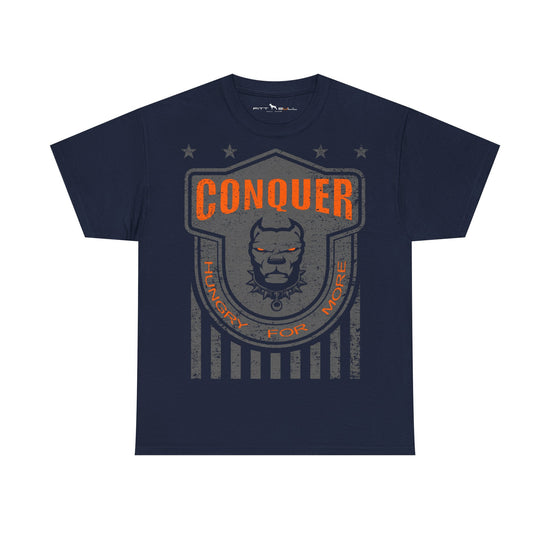 Navy blue Fitbull t-shirt with 'Conquer' graphic design on a white background