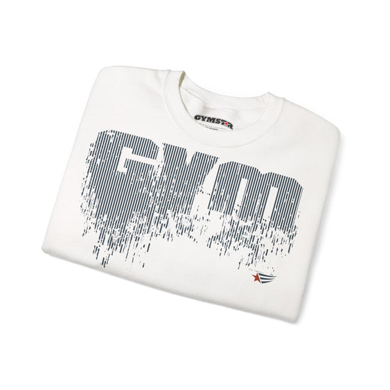 A folded white crewneck sweatshirt featuring a large distressed gray 'GYM' graphic on the front, with a small red and black logo near the lower right chest and 'GYMSTAR' printed inside the collar, shown on a plain white background.