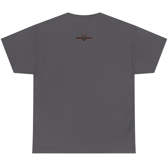 Gray t-shirt with a logo on the back against a white background