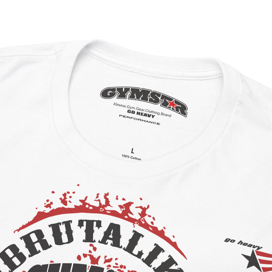 Close-up of a white crewneck t-shirt showing the inner neck label with 'GYMSTAR' and 'Go Heavy' branding, along with the top of a red and black graphic print on the front.