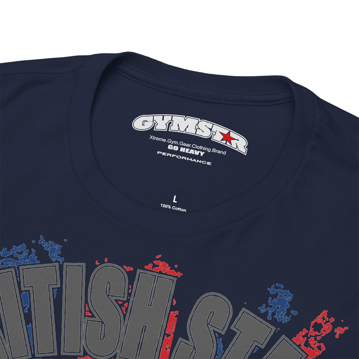 Close-up of a black t-shirt collar showing the inner neck label for 'GYMSTAR' and the top of a graphic print with distressed gray, red, and blue lettering on a white background.
