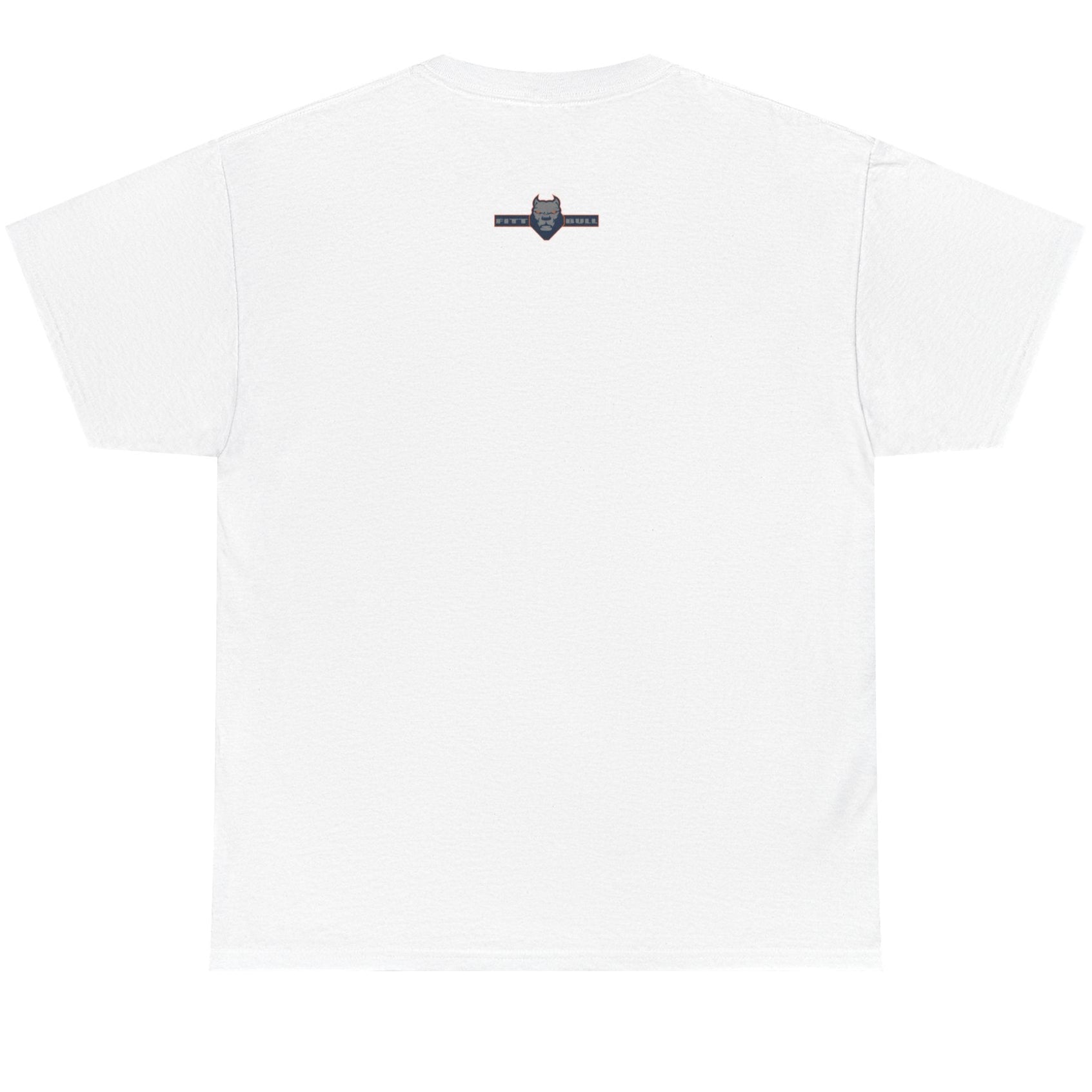 White t-shirt with a small black logo on a white background