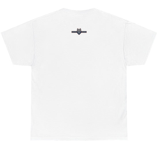 White t-shirt with a small black logo on a white background