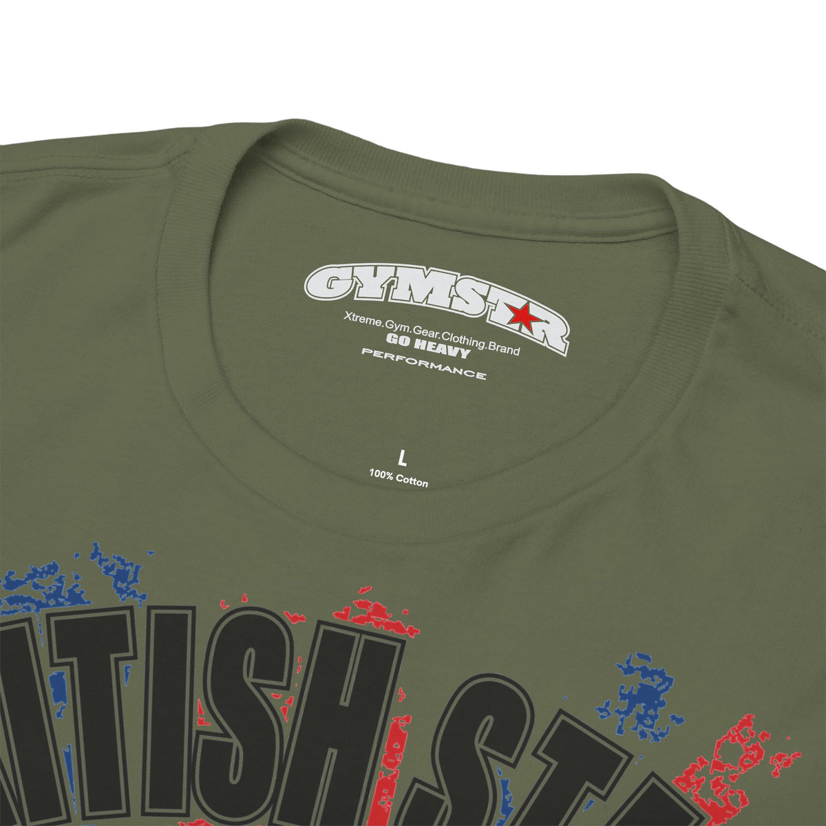 Close-up of an olive green t-shirt neck label and upper chest area, showing the brand 'GYMSTAR' printed inside the collar and a graphic with black, red, and blue text.
