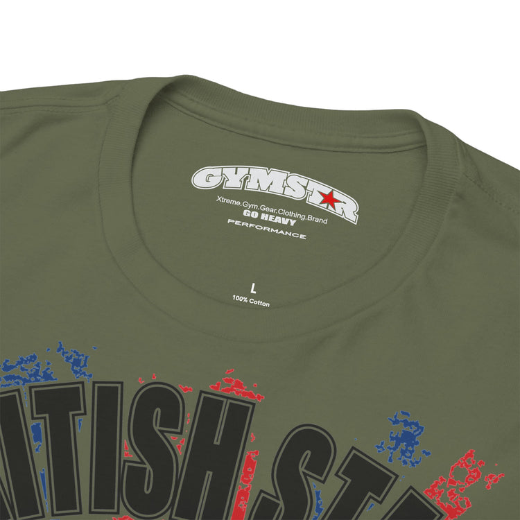 Close-up of an olive green t-shirt neck label and upper chest area, showing the brand 'GYMSTAR' printed inside the collar and a graphic with black, red, and blue text.