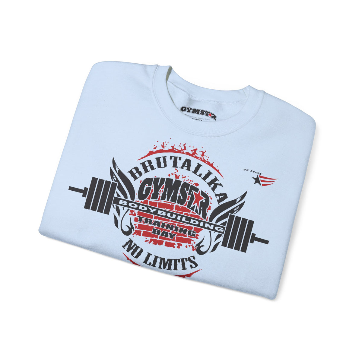A light blue crewneck t-shirt folded flat, featuring a large graphic print on the front with a barbell, wings, and the text 'BRUTALIKA GYMSEX NO LIMITS' in black and red. The inner collar shows the brand name 'GYMSEX'.