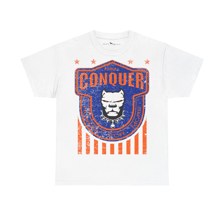White Fitbull gym training t-shirt with 'Conquer' graphic design on a white background