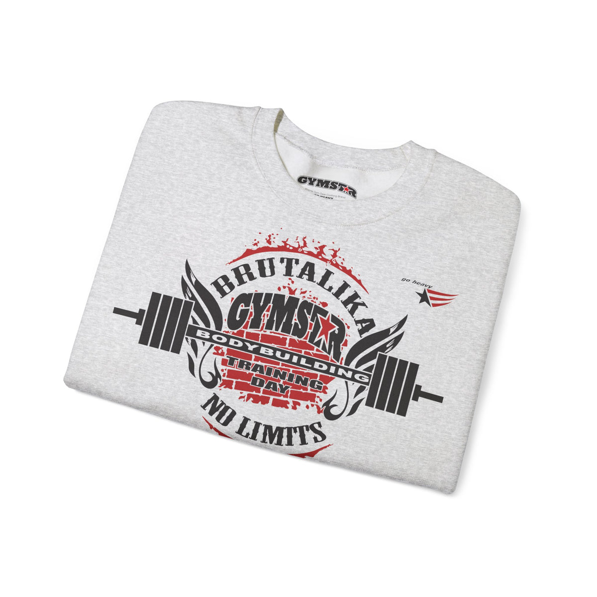 A light heather gray crewneck sweatshirt with a bold graphic print on the front. The design features a barbell motif with wings and distressed typography reading 'BRUTALIKA GYMSEX 2024 GYM BUILDING WEEKEND DAY NO LIMITS' in black and red.