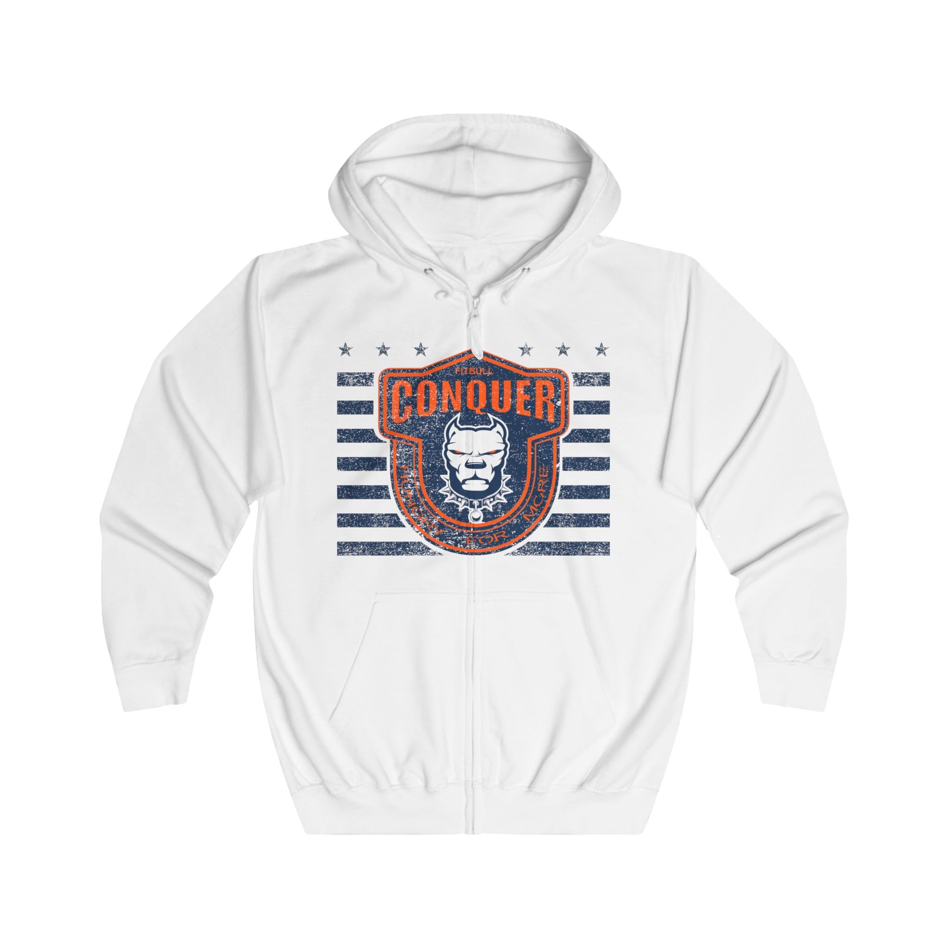 White Fitbull hoodie with 'Conquer' graphic design on a white background