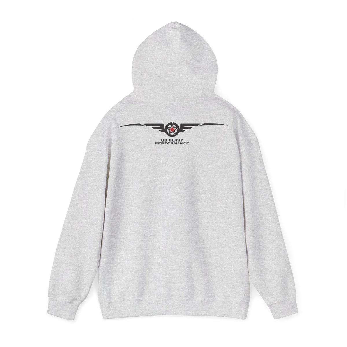 A light gray heather pullover hoodie shown from the back, featuring a black winged logo with a red star and the text '50 HEART PERFORMANCE' printed across the upper back.