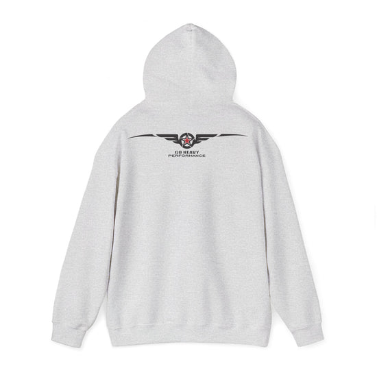A light gray heather pullover hoodie shown from the back, featuring a black winged logo with a red star and the text '50 HEART PERFORMANCE' printed across the upper back.