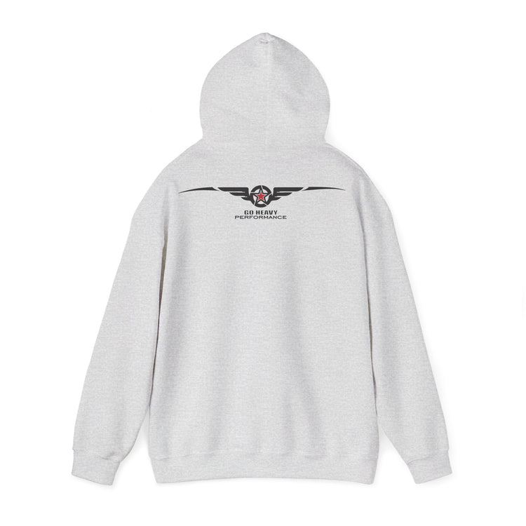 A light gray heather pullover hoodie shown from the back, featuring a black winged logo with a red star and the text '50 HEART PERFORMANCE' printed across the upper back.