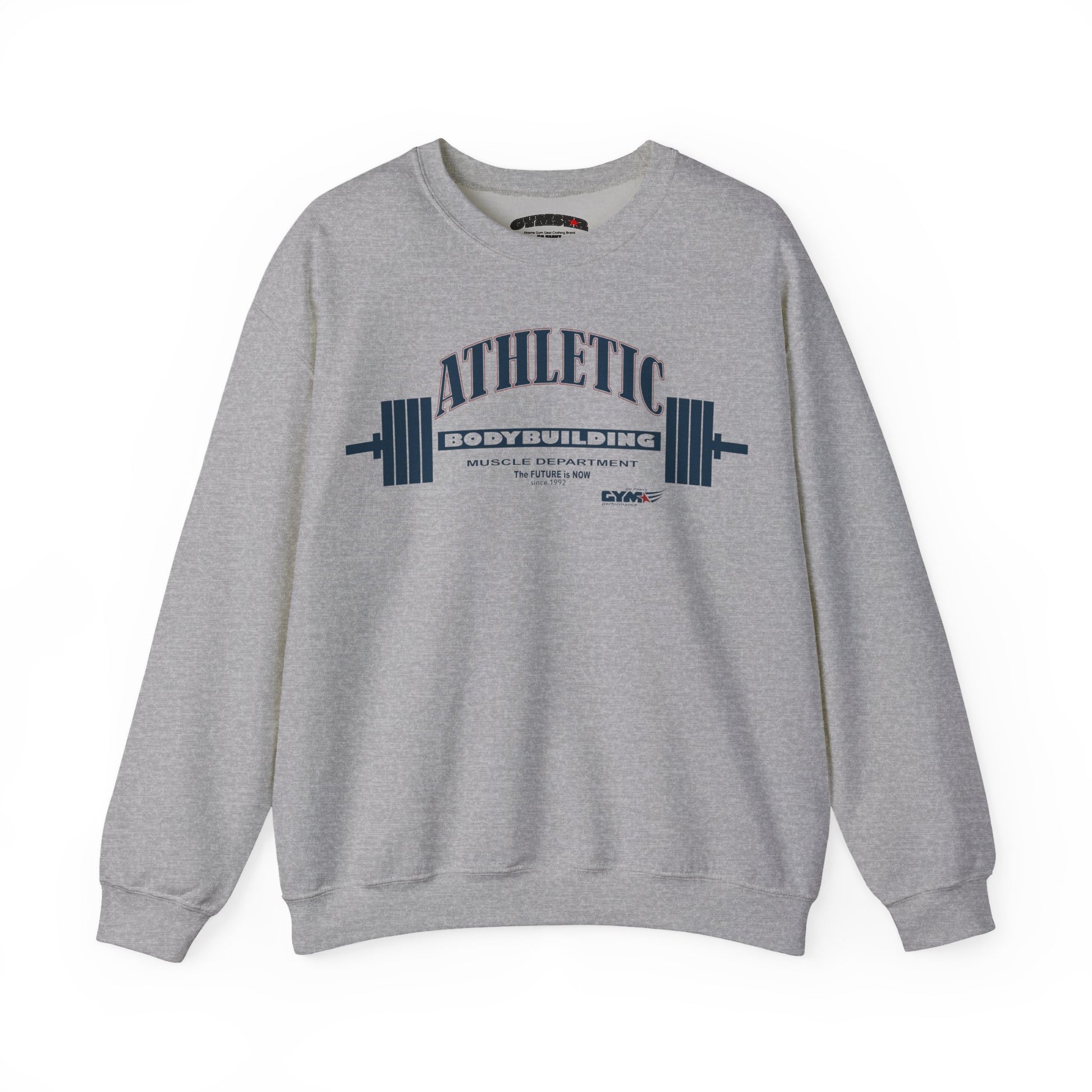 Gray Gymstar sweatshirt with 'Athletic Bodybuilding' text and barbell graphic on a white background