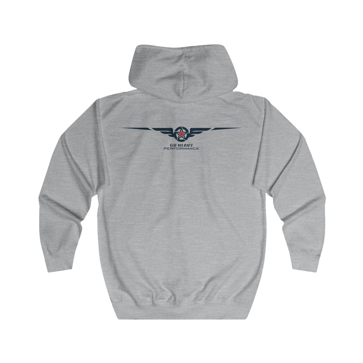 Gray hoodie with 'Print it your way' text on the back against a white background