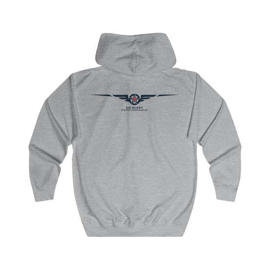 Gray hoodie with 'Print it your way' text on the back against a white background
