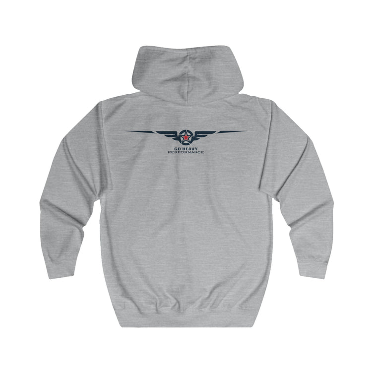 Gray hoodie with 'Print it your way' text on the back against a white background
