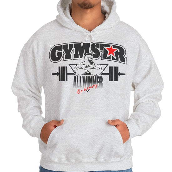 Person wearing a gray hoodie with 'Gymstar All Winner' design on a white background