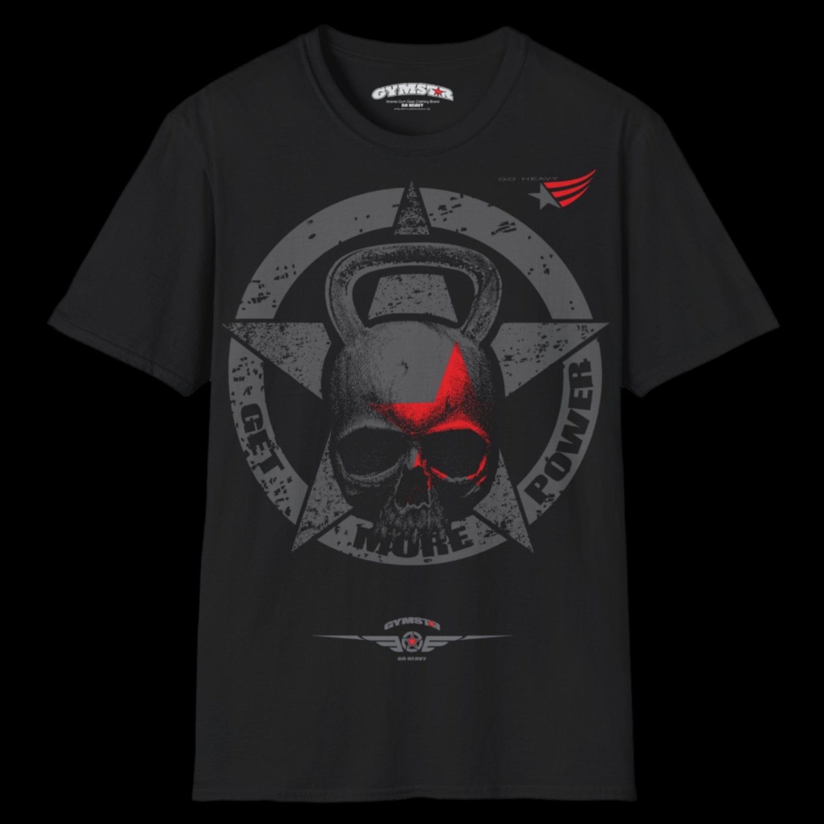  a black Gymstar T-shirt, branded with the company logo and a motivational print, Get More Power
