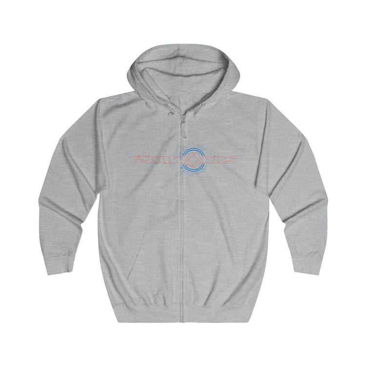 Gray Gymworks hoodie with a logo on a white background
